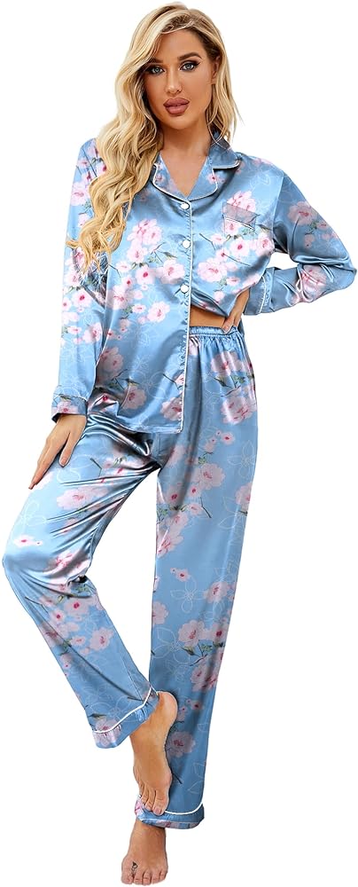 Ekouaer Women's Summer Classic Button Down Long Satin Silk Pajama Set