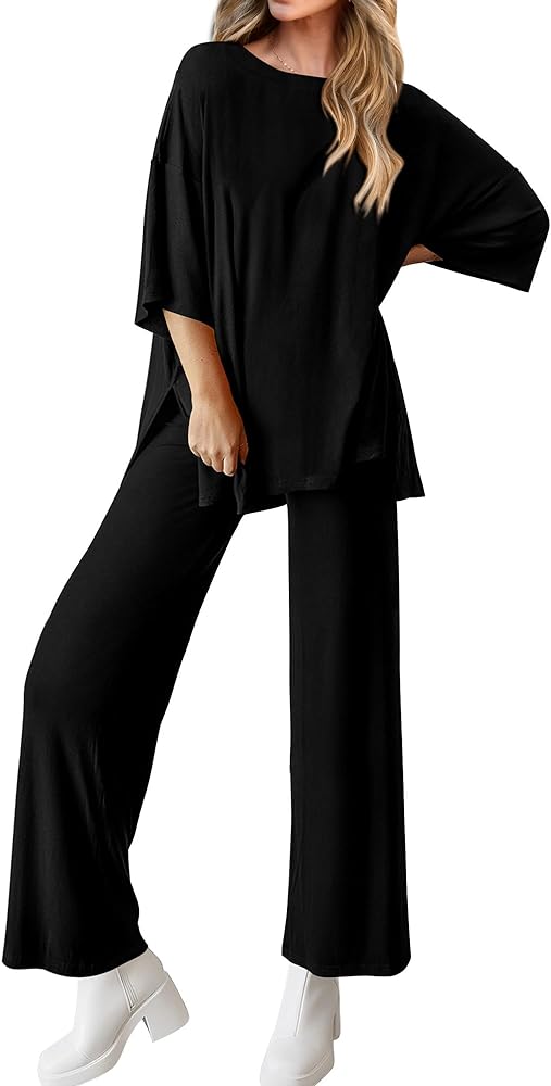 BTFBM Women 2 Piece Outfits Casual Loose Slit Short Sleeve Top Wide Leg Pants Matching Lounge Sets Tracksuit With Pocket