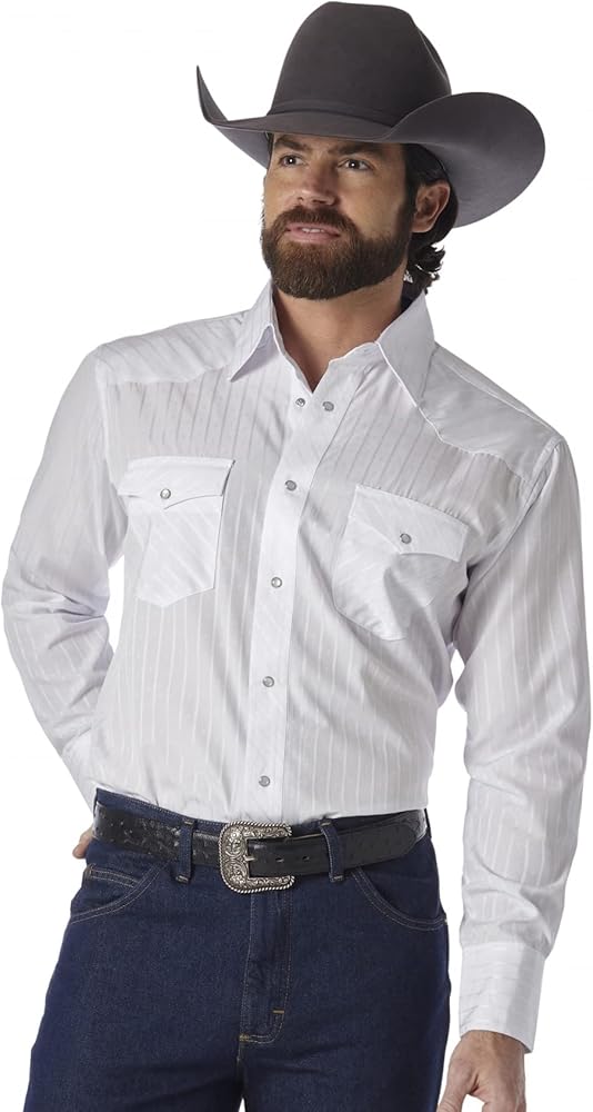 Wrangler Men's Tall Sport Western Snap Shirt Dobby Stripe, White, X-Large Tall