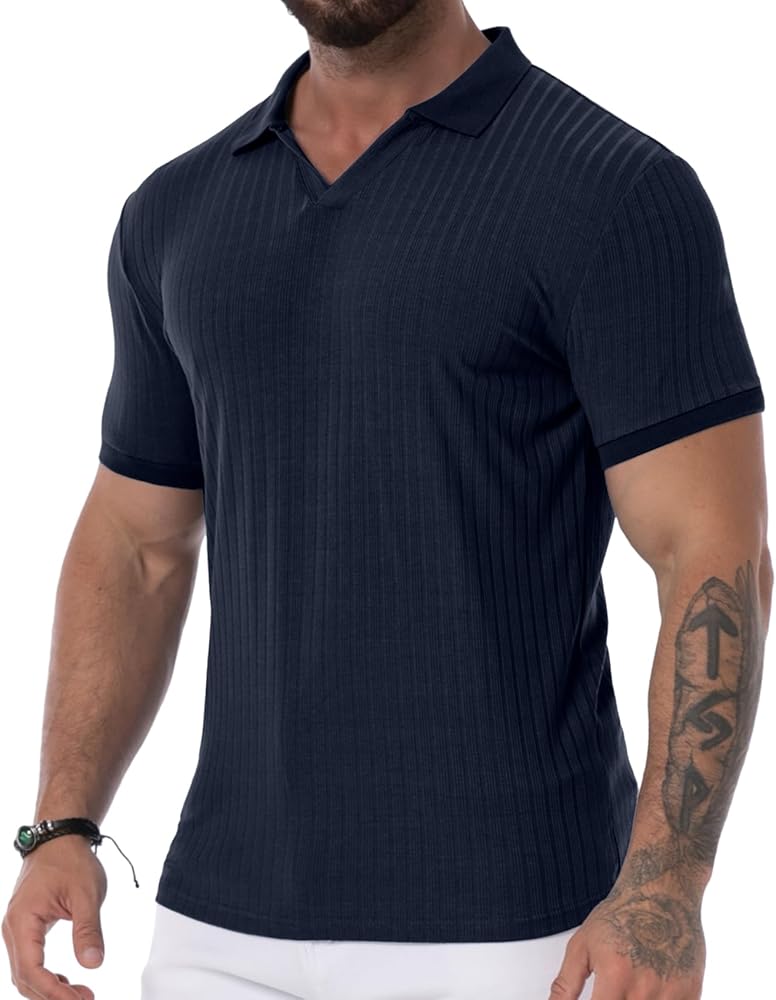 Askdeer Men's Muscle V Neck Polo Shirts Slim Fit Shirt Short Sleeve Golf T-Shirts Ribbed Knit Soft Casual Tee