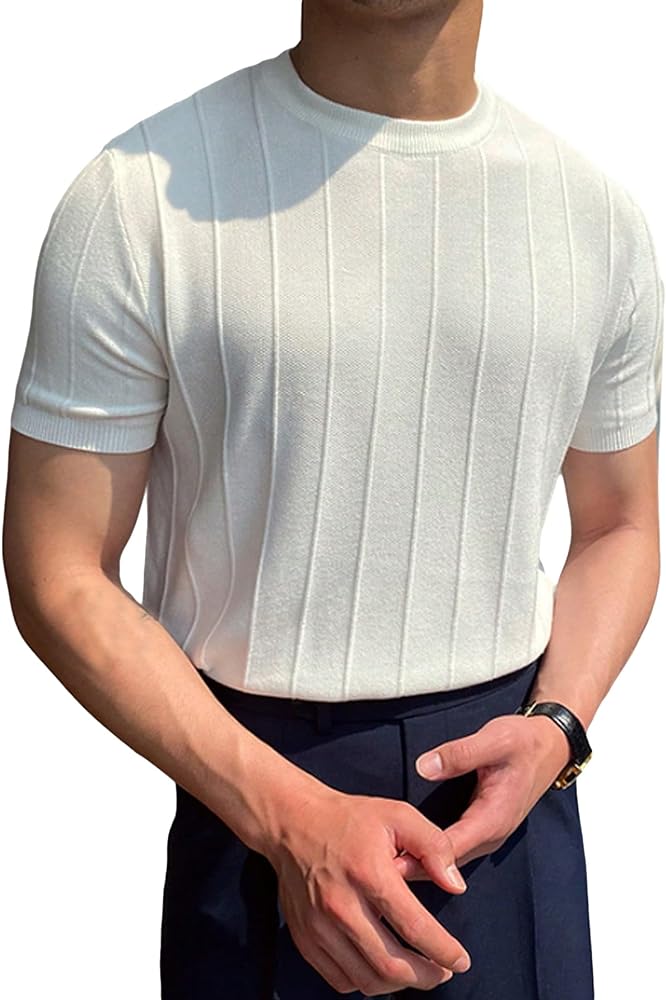 Milumia Men's Casual Rib Knit Short Sleeve T Shirts Crew Neck T-Shirt Solid Tee Tops