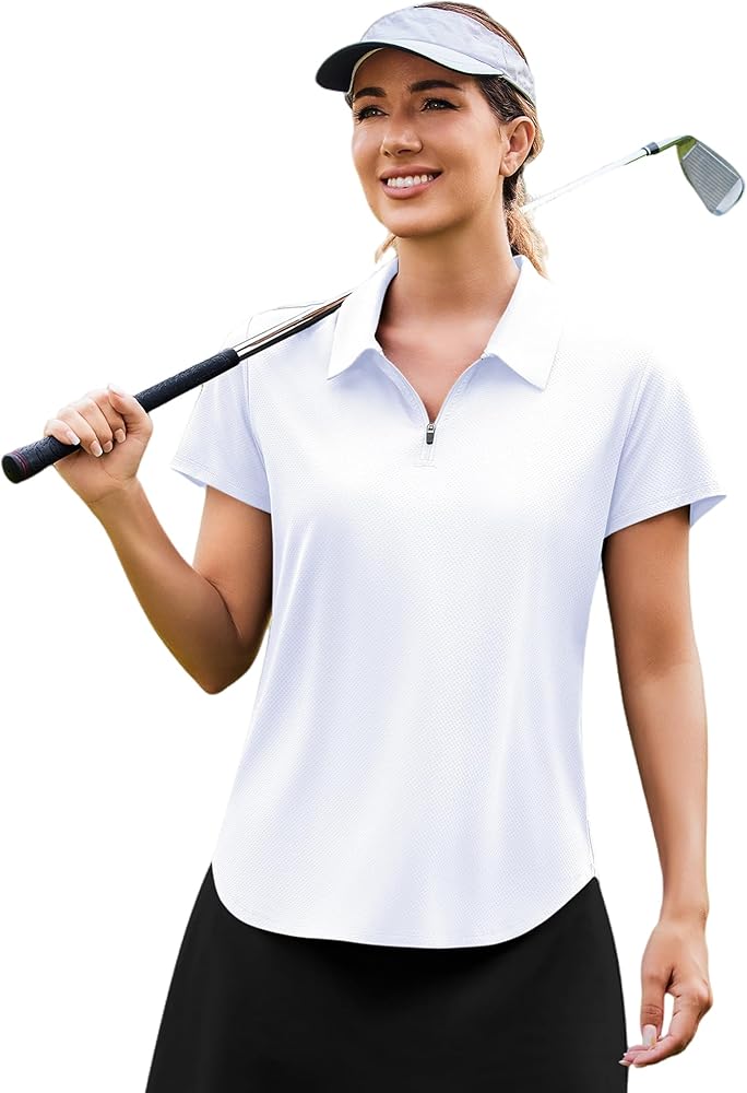 PINSPARK Womens Golf Shirt Zip Up Polo UPF 50+ Sun Protection Collared Shirts Quick Dry Short Sleeve Tennis Athletic Top