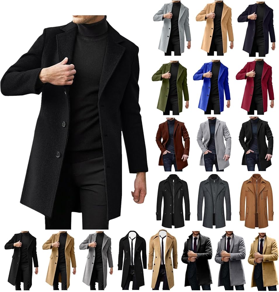 Wool Pea Coats for Men Winter Slim Fit Casual Single Breasted Trench Coat Mid-Length Thermal Business Peacoat