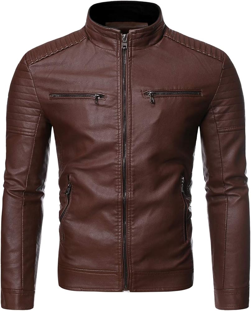 Cloudstyle Men's Casual Faux Leather Jacket Stand Collar Zip-up Biker Motorcycle Jackets