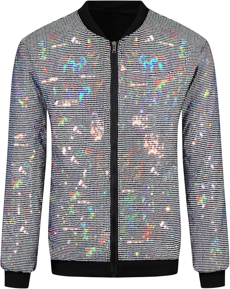 Lars Amadeus Sequin Varsity Jacket for Men's Zip Up Long Sleeves Party Disco Sparkle Bomber Jacket