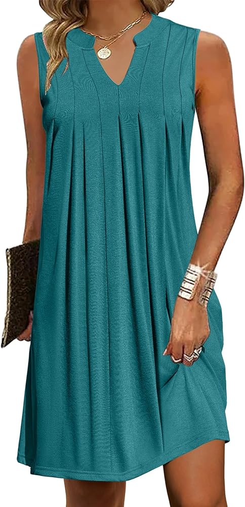 HOTOUCH Women Casual A-Line Dress with Pockets 2024 Sleeveless V Neck Pleated Sundress Loose T-Shirt Work Office Dresses