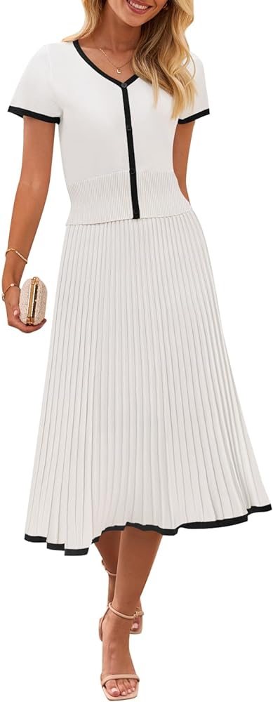 MEROKEETY Women's Two Piece Skirt Sets Dressy Casual Knit Short Sleeve V Neck Tops and Pleated Midi Skirts