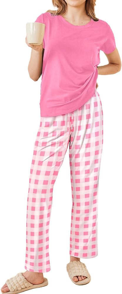 Ekouaer Women's Pajamas 2 Piece Pajama Sets Soft Short Sleeve Sleepwear Ladies Lounge Sets