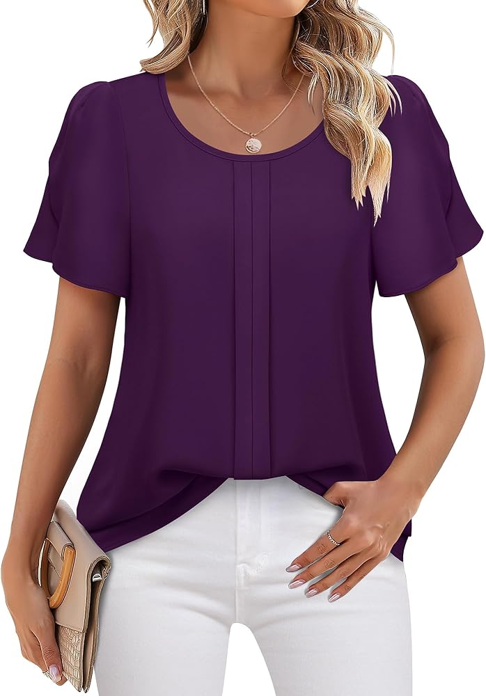 Chiffon Blouses for Women Business Casual Petal Short Sleeve Office Work Tops Dress Tunic Shirts