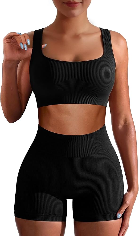 AURUZA Workout Sets for Women Two Piece Sets for Women Summer Seamless Ribbed High Waist Leggings with Sports Bra Gym Sets