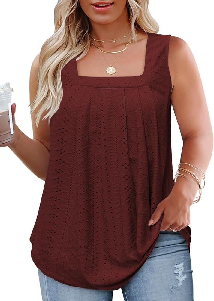 ROSRISS Plus-Size-Tank-Tops Summer Sleeveless Loose Fit Pleated Shirts Square Neck Tunics Eyelet Flowy Tees