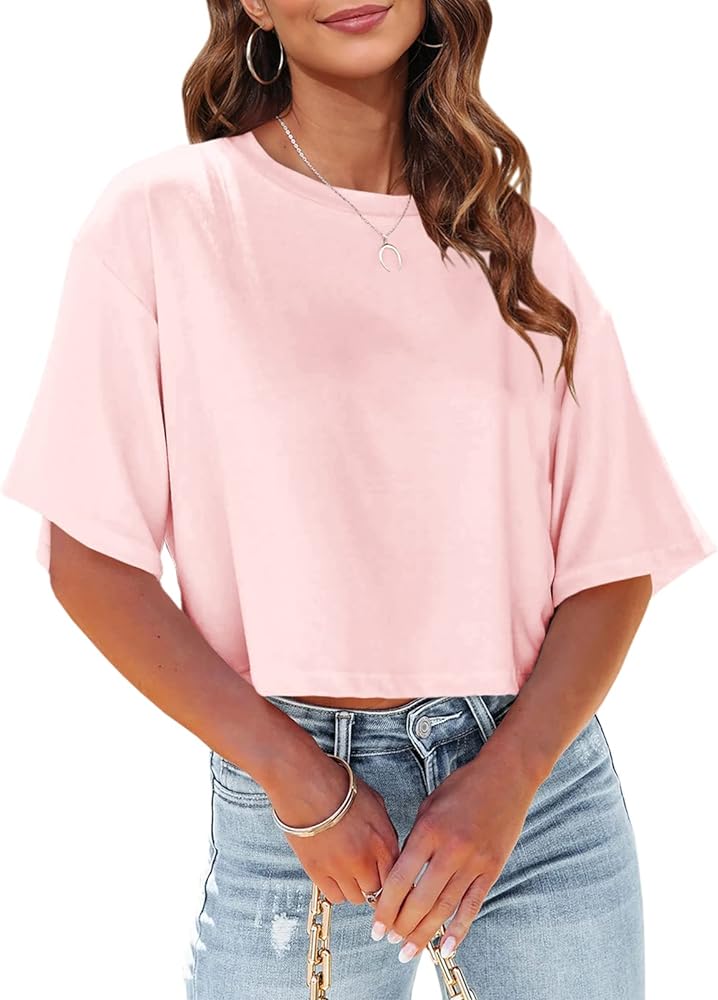 Tankaneo Women Half Sleeve Cropped T-Shirts Drop Shoulder Round Neck Crop Tops Casual Summer Solid Color Basic Tees