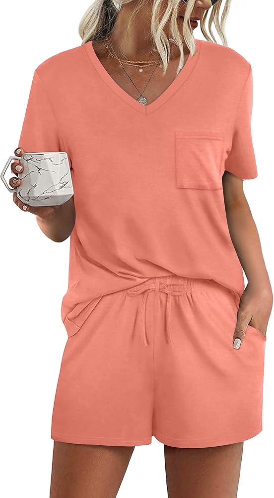 Women's Short Sleeve Pajama Sets with Pockets Casual V Neck 2 Piece Lounge Sets S-3XL