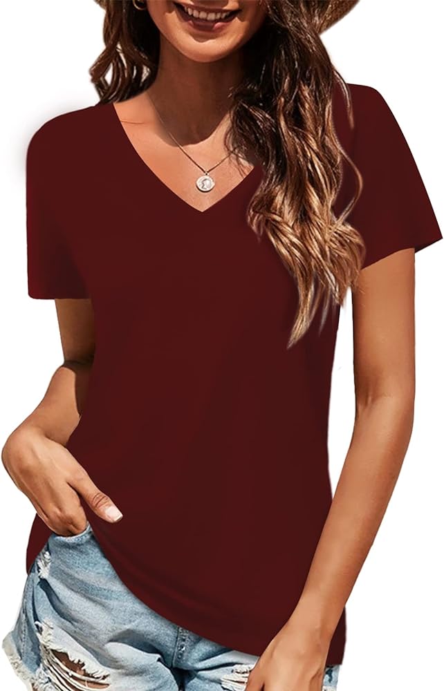 Elesomo Women Shirts V Neck Short/Long Sleeve Cotton Tops T-Shirt Basic Tees