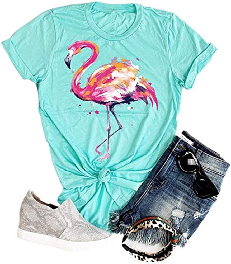 Women's Short Sleeve Round Neck Loose Cute Animal Flamingo Print Tee T-Shirt Top