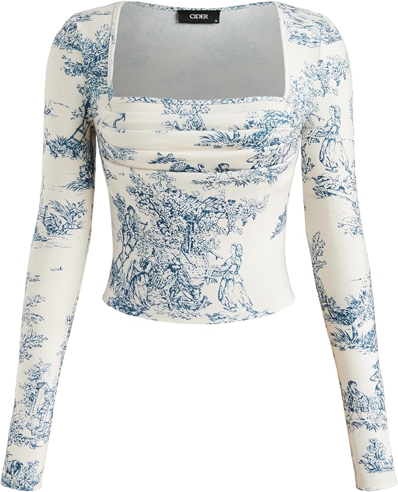 CIDER Santorini Beach Vacation Toile de Jouy Square Neck Ruched Long Sleeve Crop Top