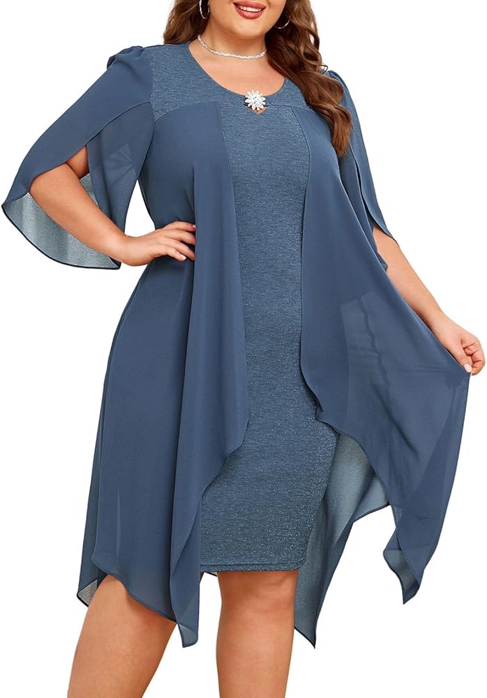 Hanna Nikole Plus Size Chiffon Dress 3/4 Sleeve Flowy Cocktail Party Midi Dresses