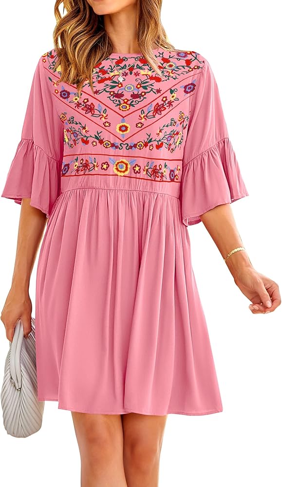 KIRUNDO Women 2024 Summer Boho Floral Embroidered Mini Babydoll Dress Casual Cute Bell Sleeve Flowy Tunic Shift Dresses