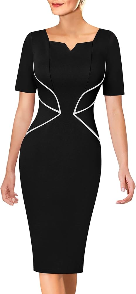 VFSHOW Womens Notch V Neck Work Office Business Bodycon Pencil Sheath Dress