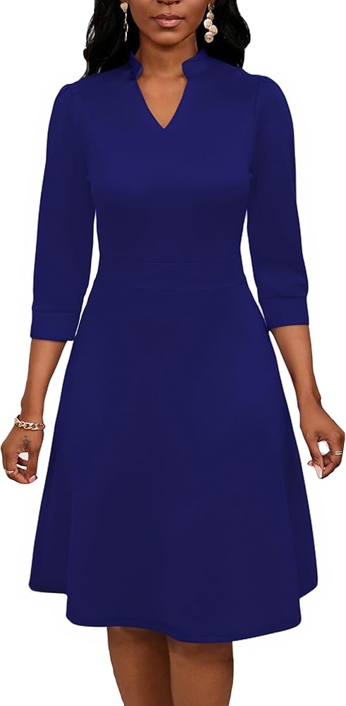 Women's Casual Wrap Midi Dress A-Line Swing V-Neck 3/4 Sleeve Flared Dress for Wedding Guest Cocktail Party