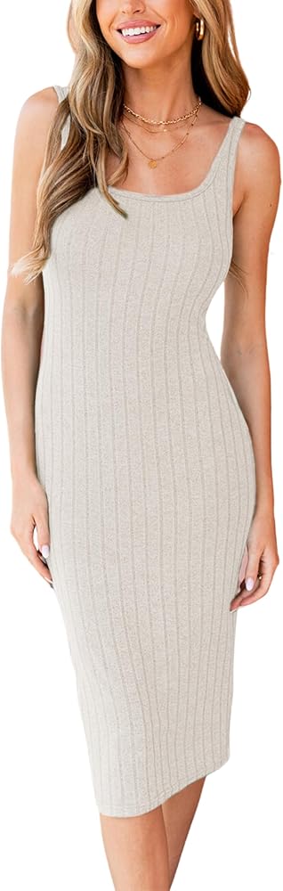 Omoone Tank Dress for Women Summer Knit Midi Dress Bodycon Ribbed Dress for Women Sleeveeless Sweater Dress