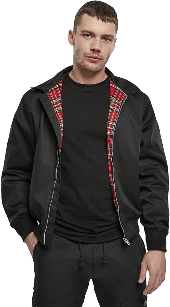 Individual Wear Men's Harrington Classic Waist-Length Everyday Jacket with Stand-up Collar & Red Checked Inner Lining