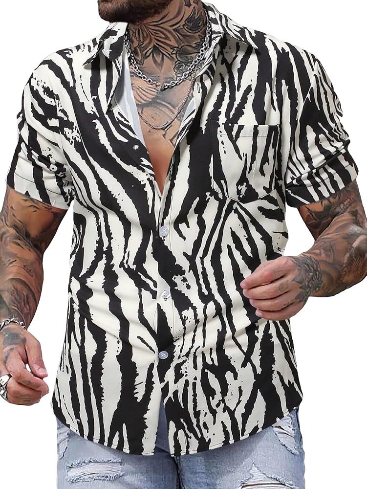 GORGLITTER Men's Zebra Print Shirt Button Up Short Sleeve Collar Shirts