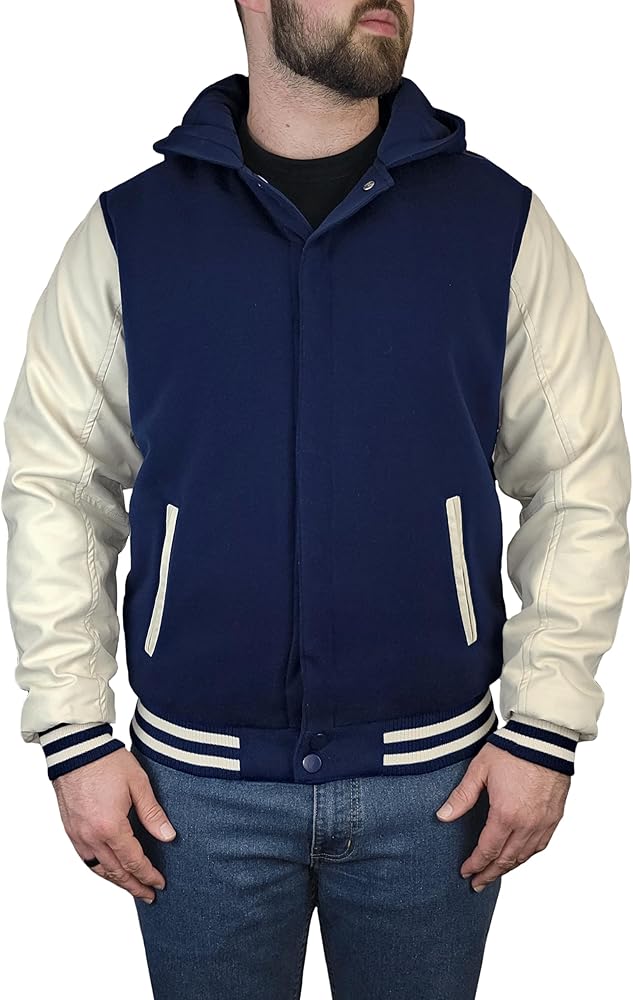 Victory Outfitters Men's Varsity Hooded Reversible Fleece Jacket with Faux Leather Sleeve