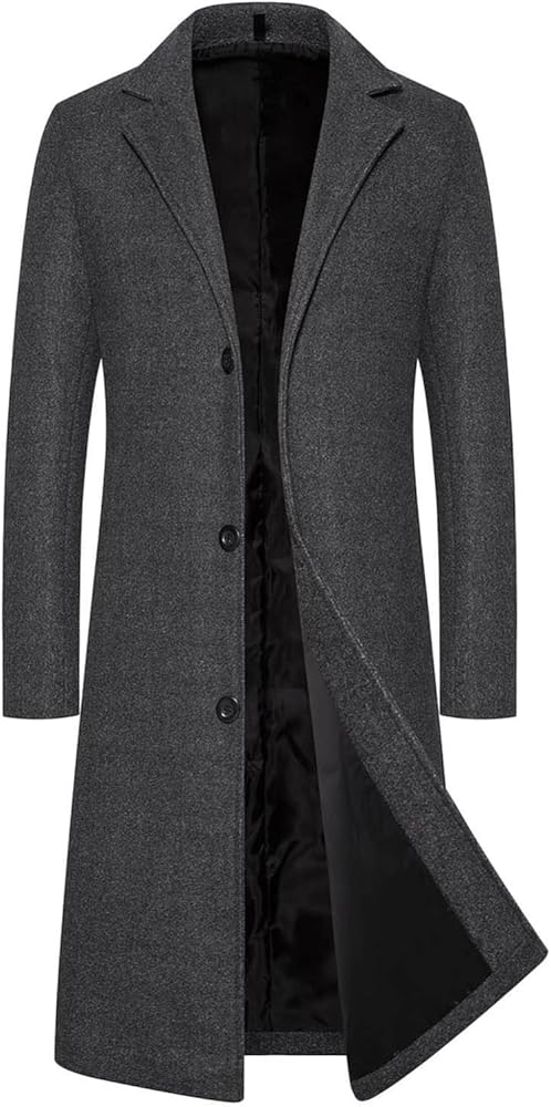 INVACHI Men's Long Pea Coat Single Breasted Casual Cotton Blend Trench Coat Overcoat Jacket