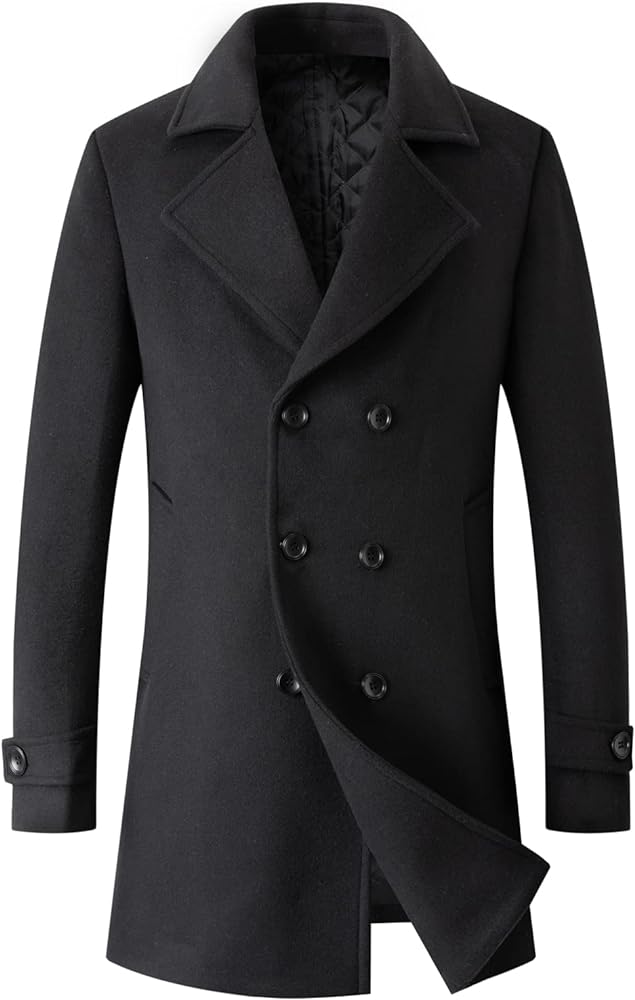 chouyatou Men's Classic Double Breasted Wool Blend Pea Coat Mid Long Trench Coat