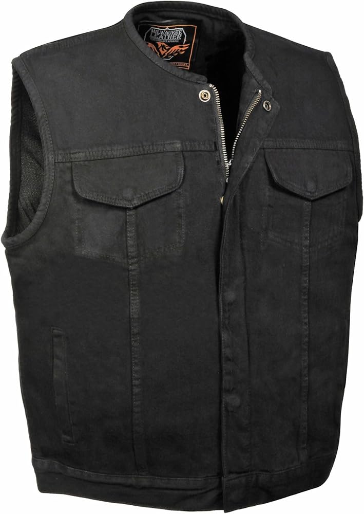 Men's Collarless Denim Club Style Vest w/Hidden Zipper (Black, L)