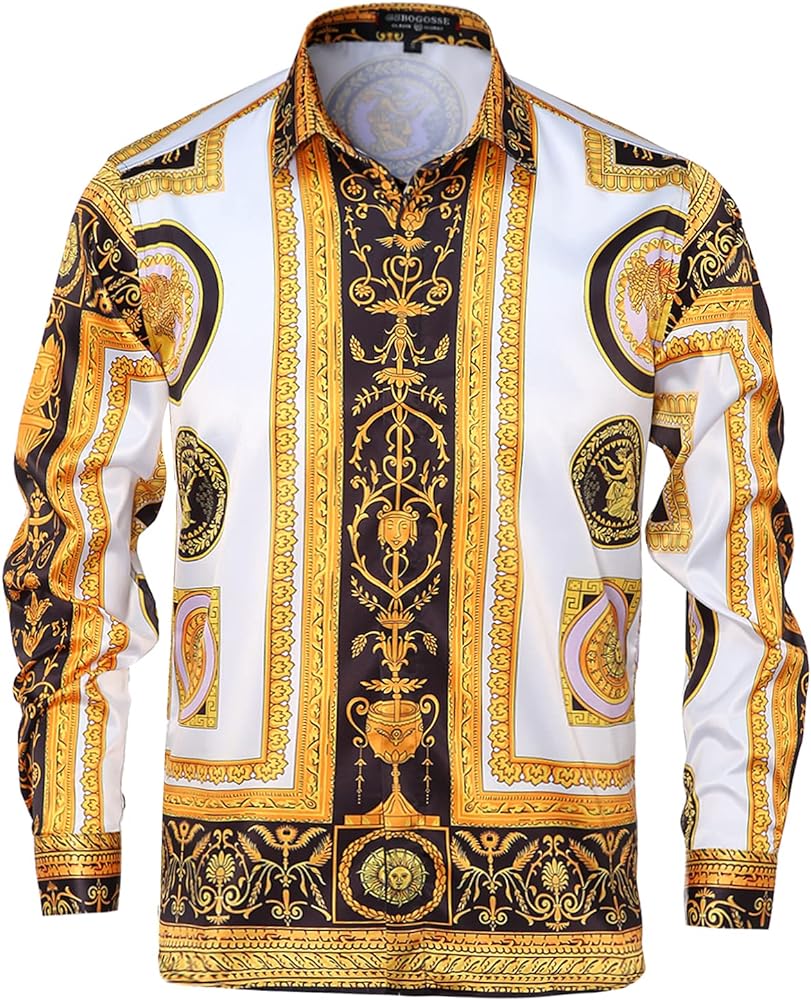 Men Floral/Golden Lion/Paisley/Fashion Luxury Printed Dress Shirts Long Sleeve Button-Down Retro Gorgeous Design Shirts