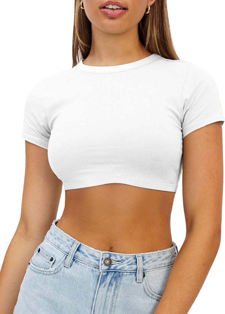 Womens Crop Tops Crewneck Y2K Summer T-shirt Basic Short Sleeve Fitted Knit Ribbed Casual Blouse Cute Tee Shirt