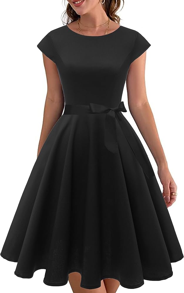 PUKAVT Women's 1950 Boatneck Cap Sleeve Vintage Swing Cocktail Party Dress with Pockets