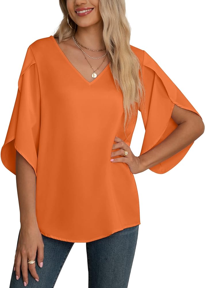 Jouica Women's Fall Casual 3/4 Ruffled Sleeve Chiffon Blouse Tops for Women