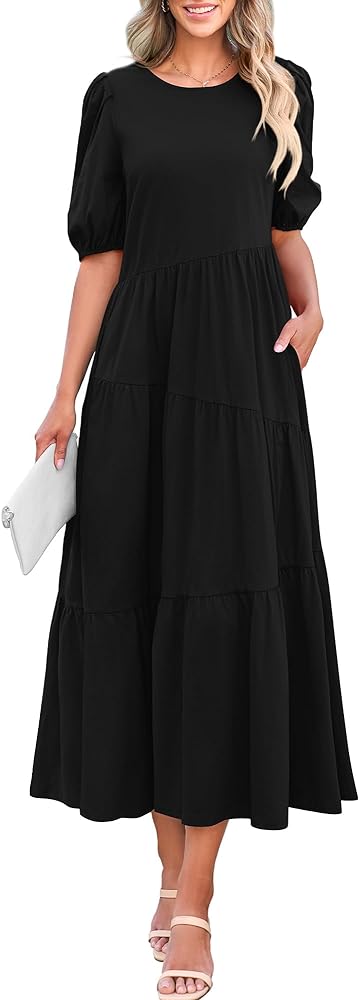 BTFBM Women's Summer Casual Puff Short Sleeve Crew Neck Swing Dress Tiered Flowy Beach Midi Dresses with Pockets