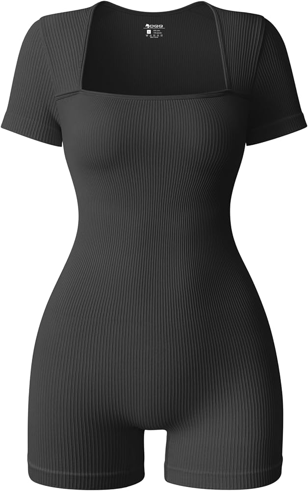 OQQ Women Short Sleeve Rompers Yoga Stretch Square Neck Exercise Rompers