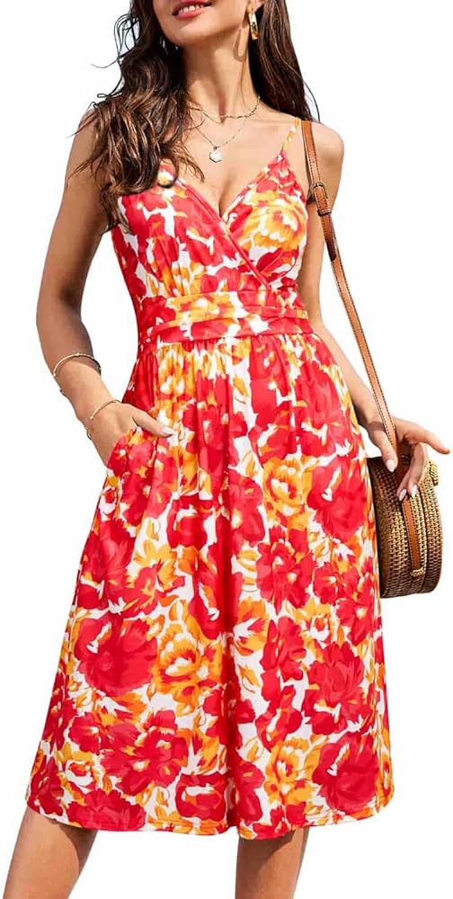 OUGES Women's Summer Spaghetti Strap V-Neck Floral Short Party Dress with Pockets