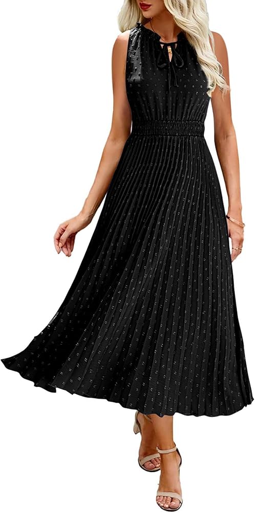 KIRUNDO Women 2024 Boho Summer Midi Dress Sleeveless V Neck Swiss Dot Pleated A Line Flowy Wedding Guest Beach Sundress