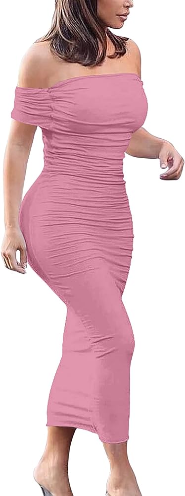 GOBLES Women's Ruched Off Shoulder Short Sleeve Bodycon Midi Elegant Cocktail Party Dress