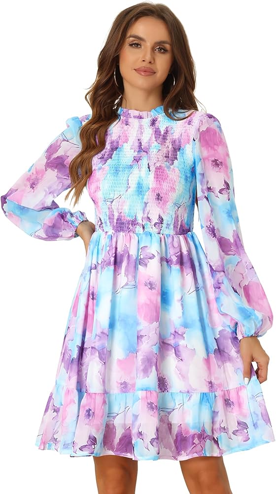 Allegra K Women's Smocked Ruffle Neck Long Sleeve Floral Chiffon Dress