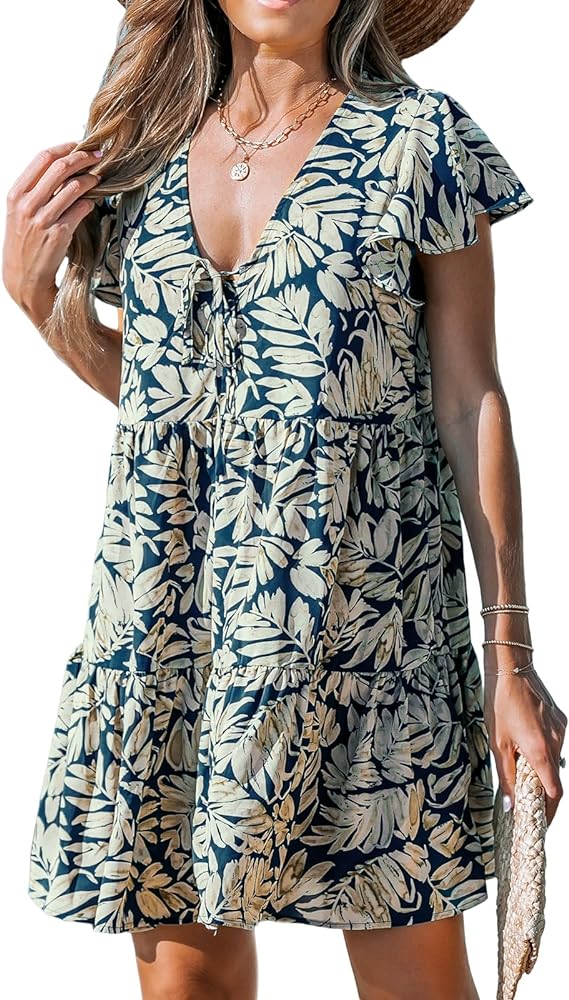 CUPSHE Women's V Neck with Tie Dress High Waist Short Flared Sleeve Dresses Tropical Floral Ruffle Hem Mini Dress