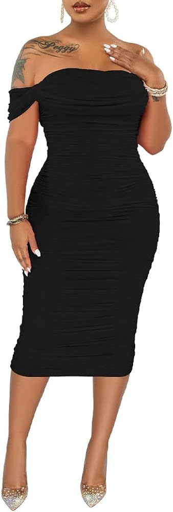 PINSV Women Ruched Off Shoulder Dress Bodycon Party Elegant Midi Dresses