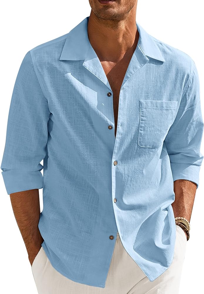 COOFANDY Men's Cotton Linen Shirts Long Sleeve Casual Buttton Down Shirts Beach Top