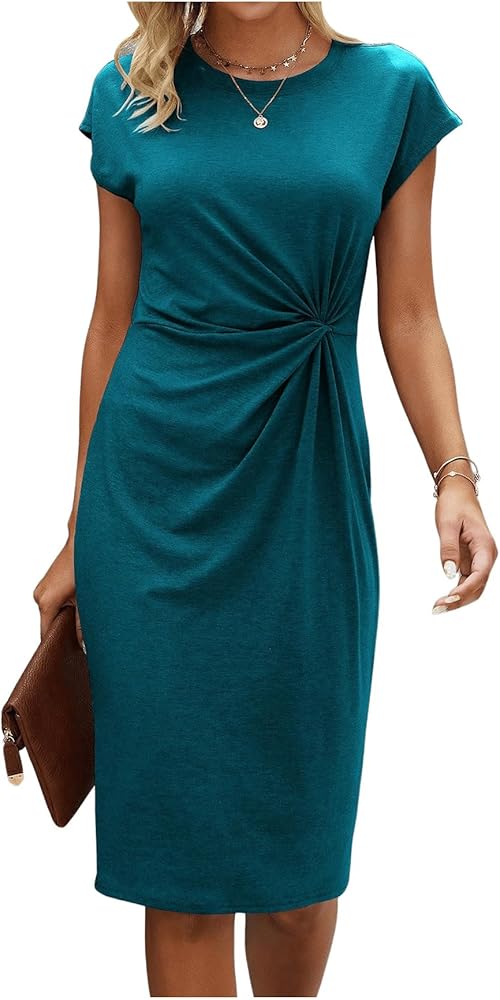 SOLY HUX Women's Twist Front Dress Cap Sleeve Round Neck Casual Summer Dresses