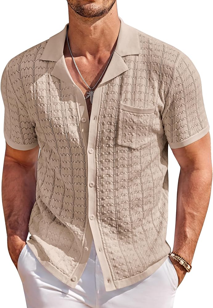 COOFANDY Men's Knit Button Down Shirt Short Sleeve Vintage Polo Shirts Summer Casual Beach Tops