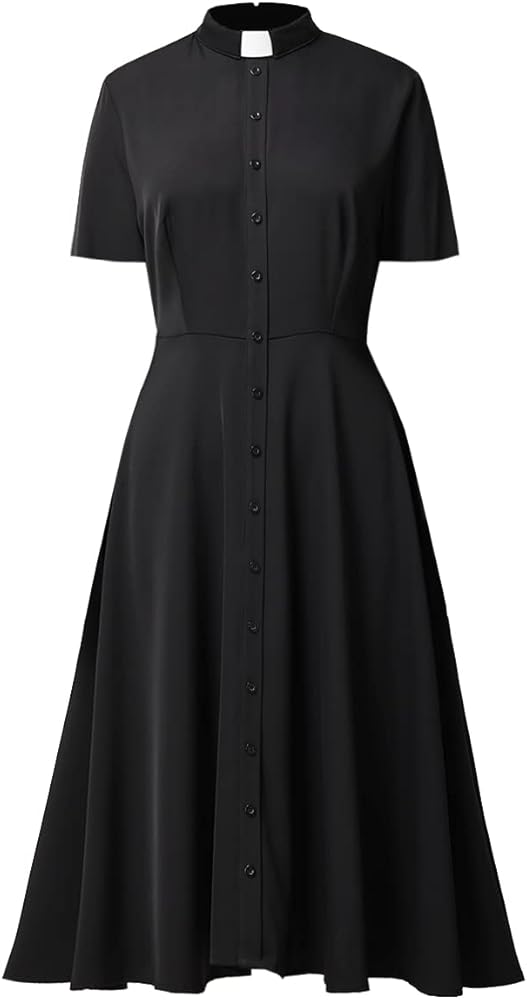 Church Clergy Dress for Women Short Sleeve Rows Buttons A Line Dress with Tab Collar