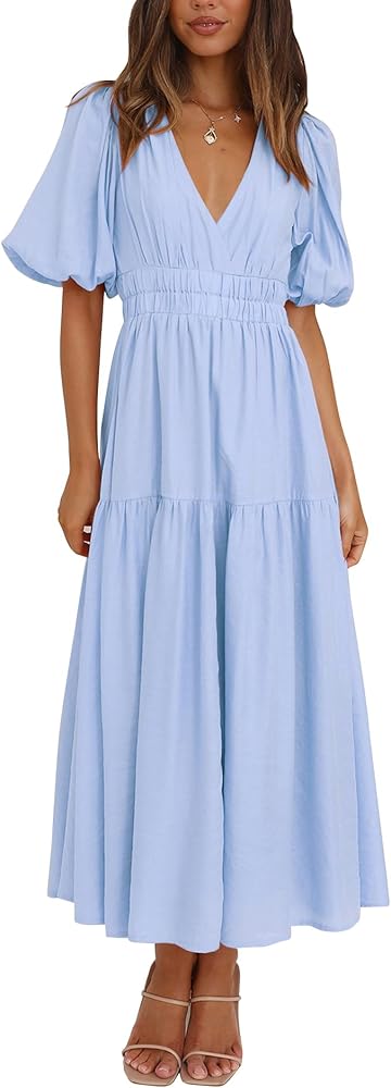 Women's Summer V Neck Short Puff Sleeve A Line Tiered Midi Dress