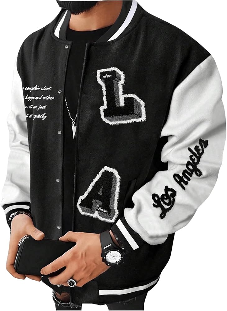 SOLY HUX Men's Varsity Jacket Letter Print Color Block Long Sleeve Baseball Jacket Coat