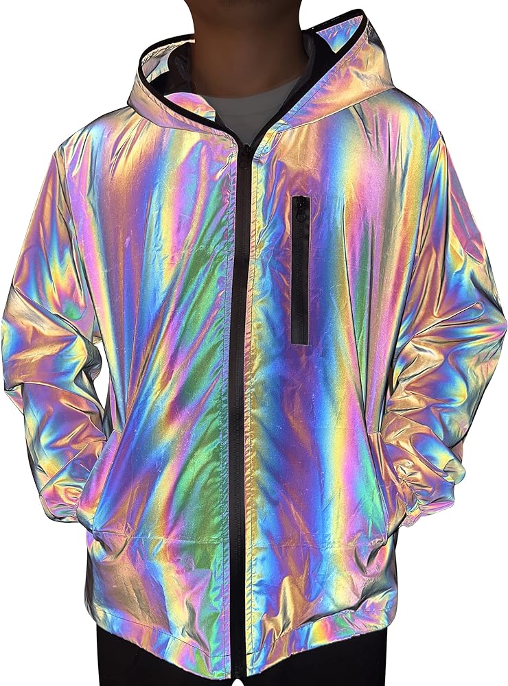 LZLRUN Rainbow Reflective Coat Hooded Windbreaker Fashion Holographic Runing Pocket Jacket High Visibility